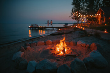 Evening beach bonfire with couple on pier and rustic cabin under string lights