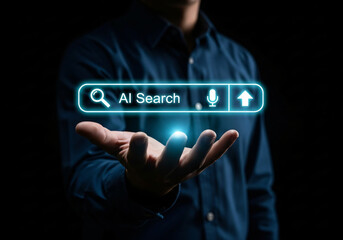 AI Search Engine Technology Concept. Woman use smartphone and laptop with AI search bar interface representing artificial intelligence search technology, voice input, innovation in modern information,