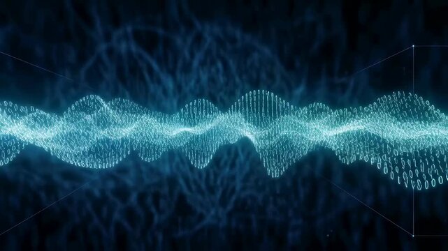 Abstract digital sine wave visualization with sound data elements and binary code patterns in blue light background, technology animation.