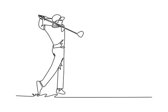 Continuous one line drawing side view male golfer at the top of his backswing. Sportsman focused motion before hitting powerful shot on green field. Single line draw design vector graphic illustration