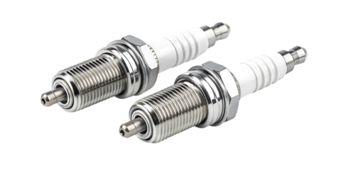 Two shiny metal spark plugs isolated on transparent background