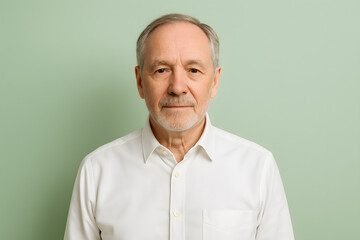 Obraz premium Portrait of a mature man in white shirt on green background studio shot