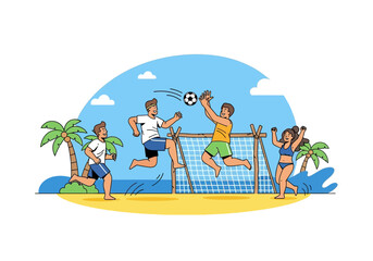 People having fun playing beach soccer with a net, palm trees, and blue sky. Suitable for sports and vacation concepts.