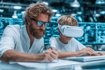 Adult man and young boy engaged in futuristic virtual reality experience