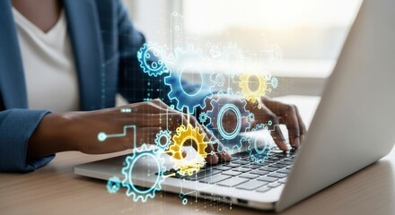 Person working on laptop with futuristic technology overlay