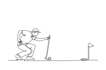 Single continuous line drawing man golfer lining up his shot, showcasing the concentration and precision required in golf. Healthy lifestyle. Dynamic one line draw graphic design vector illustration