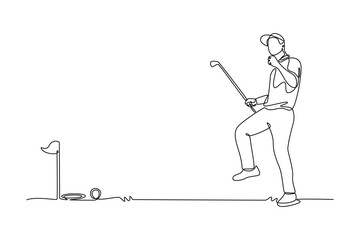 Single continuous line drawing male golfer celebrating a successful putt, depicting the joy and excitement of the sport. Golf event tournament. Dynamic one line draw graphic design vector illustration