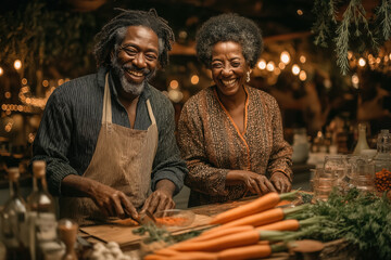 Smiling mature couple cooking together with fresh vegetables in cozy kitchen