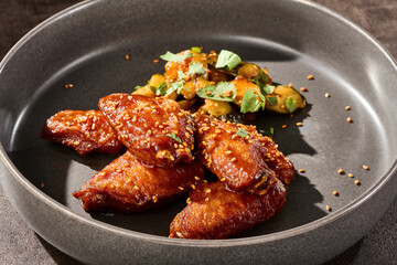 Buffalo wings in bright overhead composition with golden glaze and eggplant garnish