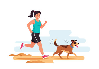 Happy woman and brown dog running playfully outdoors. Suitable for pet care, active lifestyle, happiness, friendship, bonding concepts in marketing.