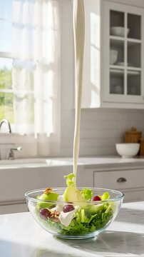 Creamy dressing pouring over apples, grapes, celery, and walnuts in Waldorf salad bowl, cinematic kitchen video