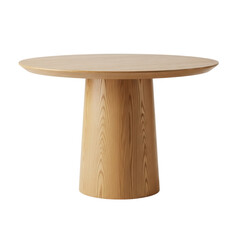 A sleek, modern round dining table crafted from light wood, featuring a sturdy cylindrical pedestal base. Its minimalist design is ideal for contemporary living or dining spaces.