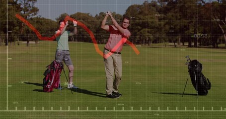 Male golfer addressing ball activating red graph overlay for golf analytics partner mimicking swing - Powered by Adobe