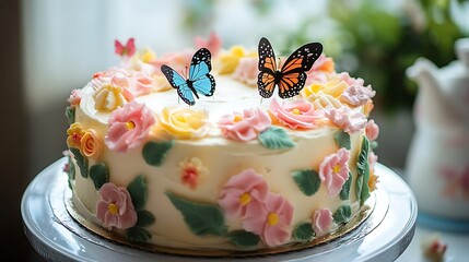 A fully iced cake with flower and butterfly decorations