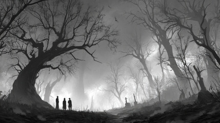 Eerie forest landscape with silhouetted trees under moonlight capturing haunting night atmosphere mysterious shadows and tranquil wilderness scene in monochrome