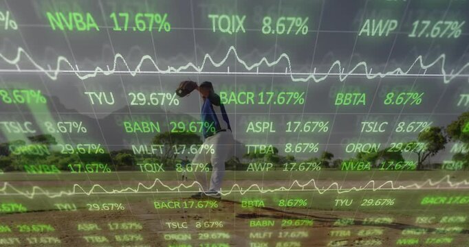 Baseball pitcher lifting glove and rotating arm while tickers shifting chart showing market trends