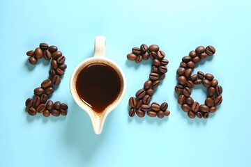 2026 number made of coffee beans and cup of coffee on light blue background as symbol of new start, goals and beginning. 3d rendering.