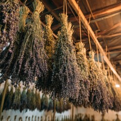 Drying lavender bunches in a rustic barn for essential oils