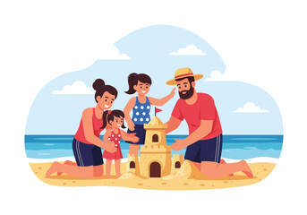 Family bonds while building a sandcastle on a beach vacation. Perfect for family vacation promotions, travel brochures, summer memories illustrations.