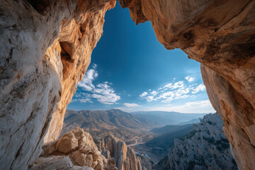 Scenic view from rocky cave with clear blue sky and distant mountain range
