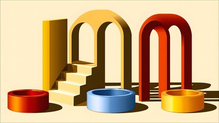 Geometric architectural elements in various colors.