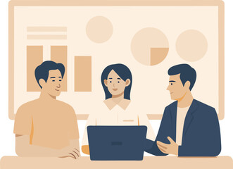 Illustration of three business professionals in a meeting with laptop and presentation board showing data