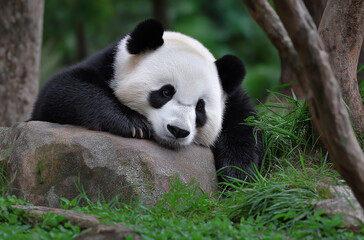 A very cute black and white panda is lying on the rock, with its head resting against its belly