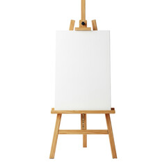 A classic wooden artist easel holds a blank white canvas, perfect for creative projects, art displays, or presentation mockups.