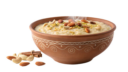  Delicious kheer rice pudding in a clay bowl topped with nuts PNG on transparent background, perfect for menus, packaging, and festive Indian dessert designs.