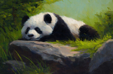Obraz premium A very cute black and white panda is lying on the rock, with its head resting against its belly