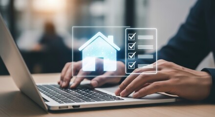 Real estate professional using laptop for property management and checklist