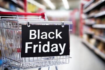 Shopping cart with Black Friday sign in grocery store