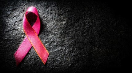 Pink awareness ribbon on dark stone surface.