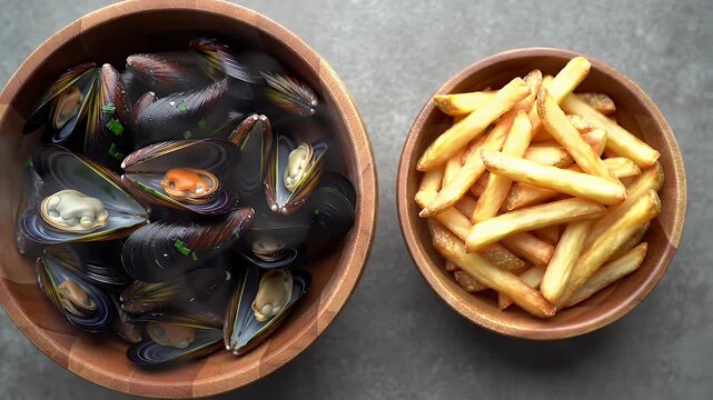 Mussels and French Fries Served in Rustic Wooden Bowls on Gray Surface Delicious Seafood Meal