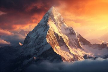 Obraz premium Snowy peaks at sunset with diagonal sunlight