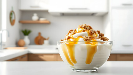 Indulgent Yogurt Dessert with Walnuts and Caramel Swirl