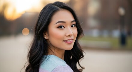 Fototapeta premium Radiant Beauty: A beautiful young Asian woman with a warm and engaging smile, her expressive eyes sparkling with vitality. The shot captures her natural beauty, her radiant skin.