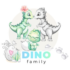 Watercolor baby dinosaur. Mom and Dad with neewborn. Dino family Clipart for babyshower, nursery, decor, stickers, prints with historical animals