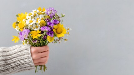 A bouquet of wildflowers held in a hand.