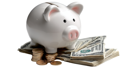 Piggy Bank and Dollar: A pristine white piggy bank sits atop a stack of American dollars, symbolizing wealth, savings, and financial security.