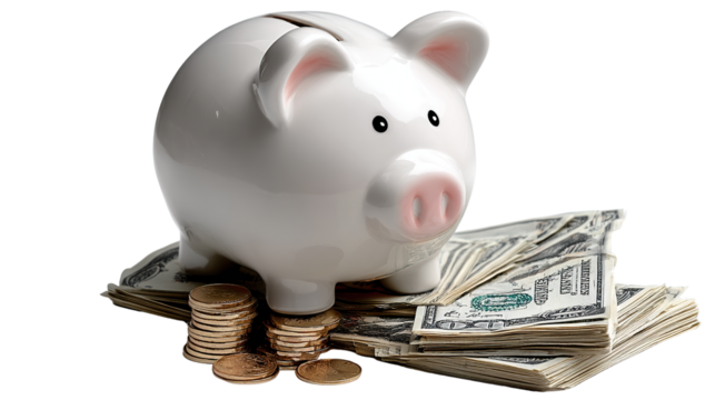 Piggy Bank and Dollar: A pristine white piggy bank sits atop a stack of American dollars, symbolizing wealth, savings, and financial security.