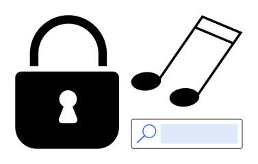 Black padlock, music note, and magnifying glass in search bar icon symbolize music protection, online search. Ideal for copyright, licensing, streaming, digital access, data authentication simple