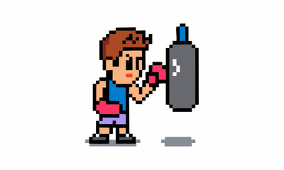 Cute boy punching sand sack cartoon pixel illustration