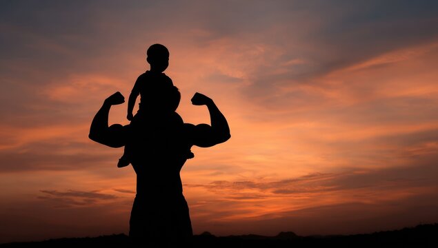 Silhouette of a father carrying a child on his shoulders at sunset