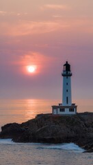 Lighthouse standing on rocky shore at sunset with colorful sky
