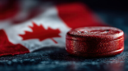 High-quality hockey puck on ice surface with Canadian flag background showcasing winter sport equipment athletic performance and competitive gameplay in a professional arena