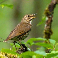 A small brown songbird with speckled breast, open beak, perched on a mossy branch amidst green foliage