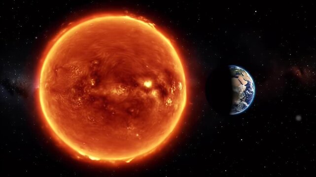 Dramatic Fiery Sun and Blue Earth View From Space Motion Graphic Deep Black Background Radiating Energy Intense Heat Light and Warmth Perfect for Solar Climate and Energy Concepts