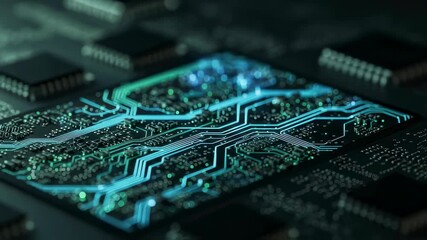 Digital circuit board with glowing light animation representing data flow for technology and science footage. - Powered by Adobe