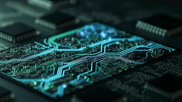 Digital circuit board with glowing light animation representing data flow for technology and science footage.